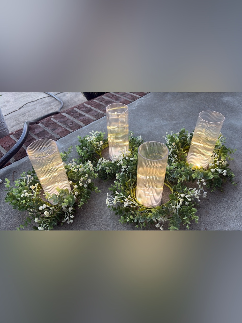(8) Sets of LED Ribbed Cylinder Lantern with Cream/Green Greenery (Like new)